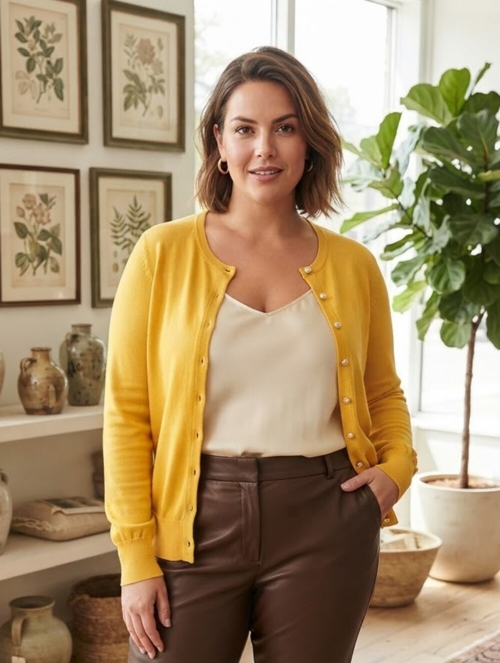 MELROSE CHIC Éclatant Cardigan classique à boutons dorés Nacrés jaune ocre